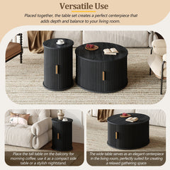 Bellemave® Modern Fluted Coffee Table with Hidden Storage & Sliding Tambour Door, Minimalist Circle Wood Desk - Bellemave
