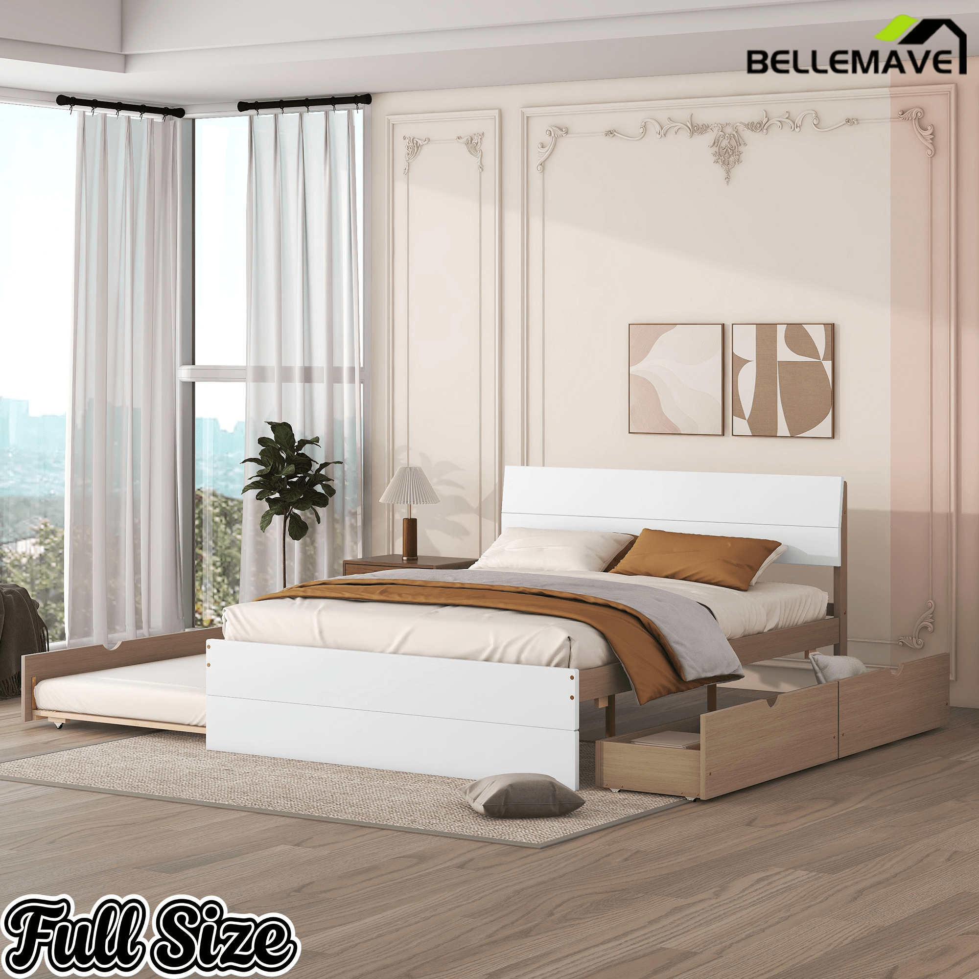 Bellemave® Modern Full Bed Frame with Twin Trundle & 2 Storage Drawers, Platform Bed with High Gloss Headboard & Footboard, No Box Spring Needed - Bellemave