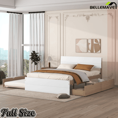 Bellemave® Modern Full Bed Frame with Twin Trundle & 2 Storage Drawers, Platform Bed with High Gloss Headboard & Footboard, No Box Spring Needed - Bellemave