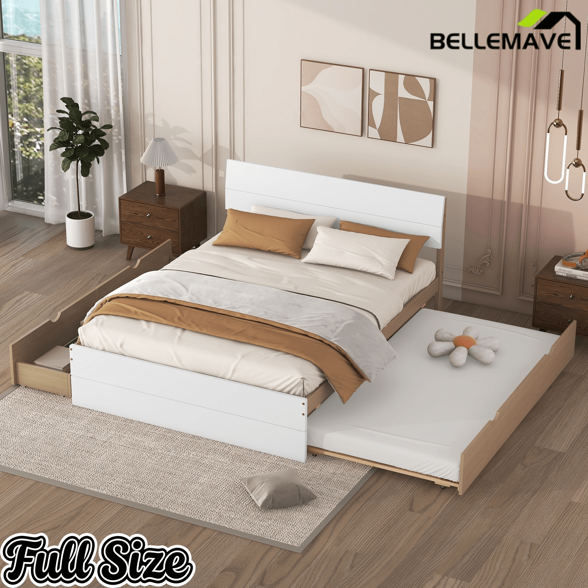 Bellemave® Modern Full Bed Frame with Twin Trundle & 2 Storage Drawers, Platform Bed with High Gloss Headboard & Footboard, No Box Spring Needed - Bellemave