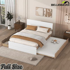 Bellemave® Modern Full Bed Frame with Twin Trundle & 2 Storage Drawers, Platform Bed with High Gloss Headboard & Footboard, No Box Spring Needed - Bellemave