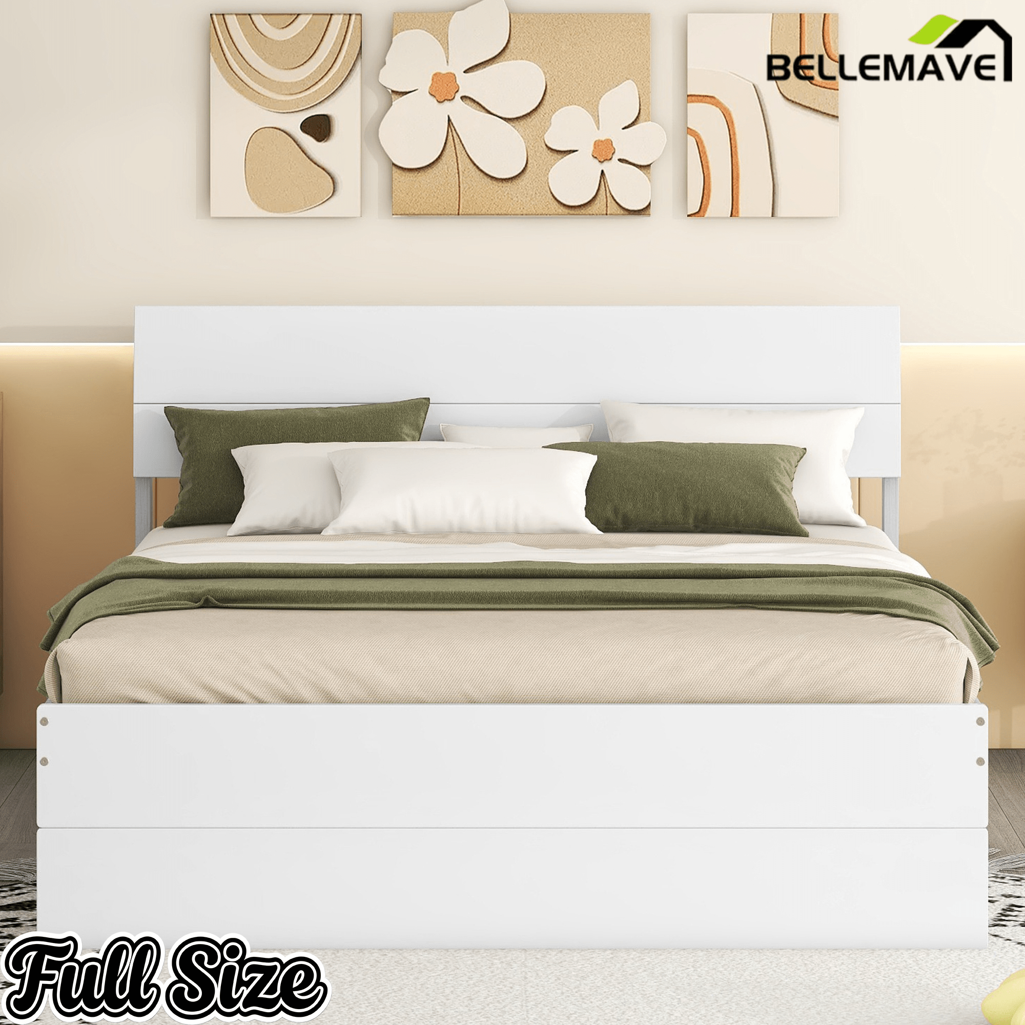 Bellemave® Modern Full Bed Frame with Twin Trundle & 2 Storage Drawers, Platform Bed with High Gloss Headboard & Footboard, No Box Spring Needed - Bellemave