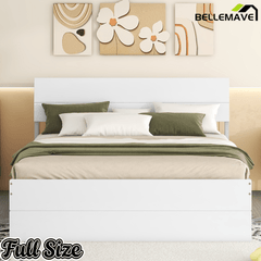 Bellemave® Modern Full Bed Frame with Twin Trundle & 2 Storage Drawers, Platform Bed with High Gloss Headboard & Footboard, No Box Spring Needed - Bellemave
