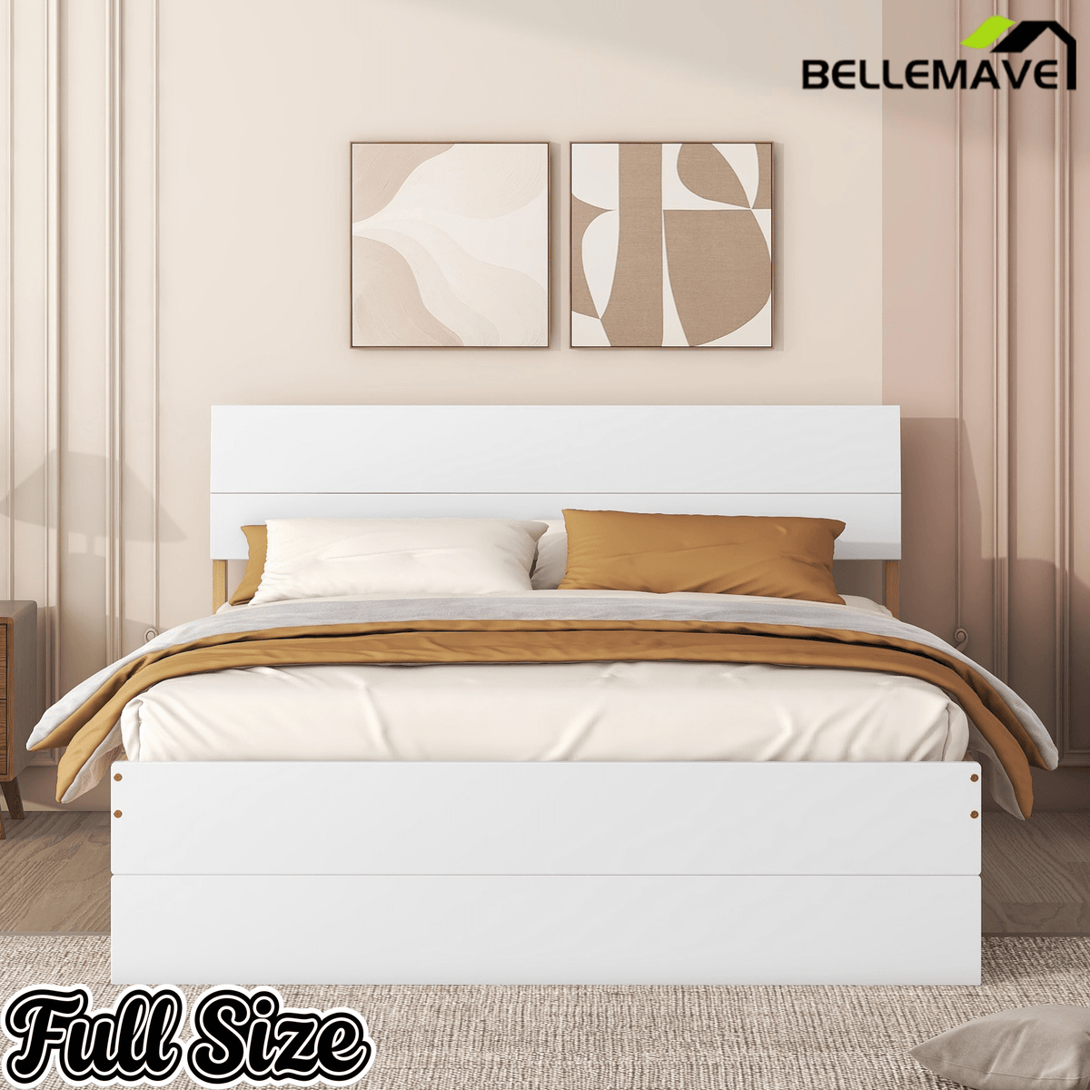 Bellemave® Modern Full Bed Frame with Twin Trundle & 2 Storage Drawers, Platform Bed with High Gloss Headboard & Footboard, No Box Spring Needed - Bellemave