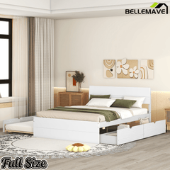 Bellemave® Modern Full Bed Frame with Twin Trundle & 2 Storage Drawers, Platform Bed with High Gloss Headboard & Footboard, No Box Spring Needed - Bellemave