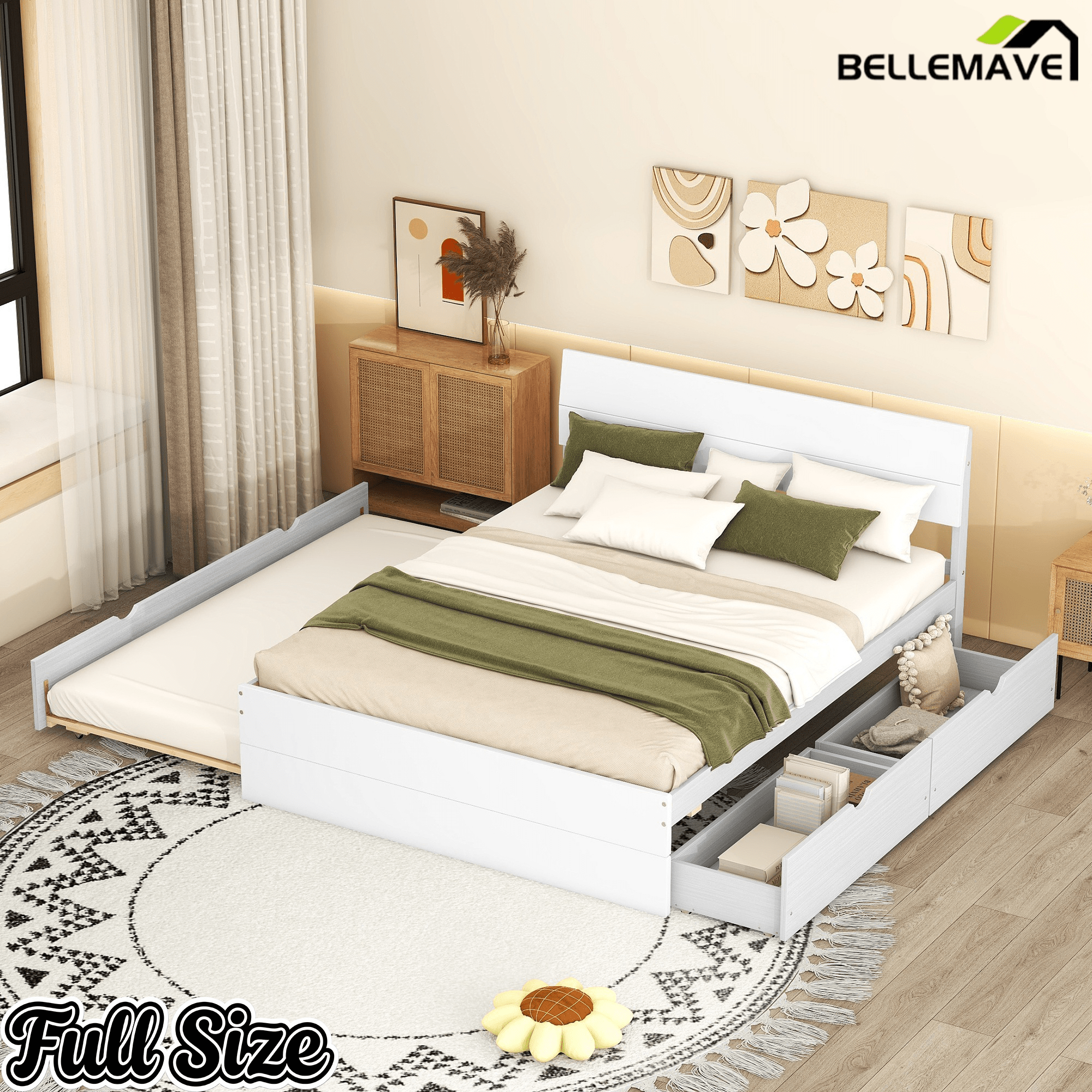 Bellemave® Modern Full Bed Frame with Twin Trundle & 2 Storage Drawers, Platform Bed with High Gloss Headboard & Footboard, No Box Spring Needed - Bellemave
