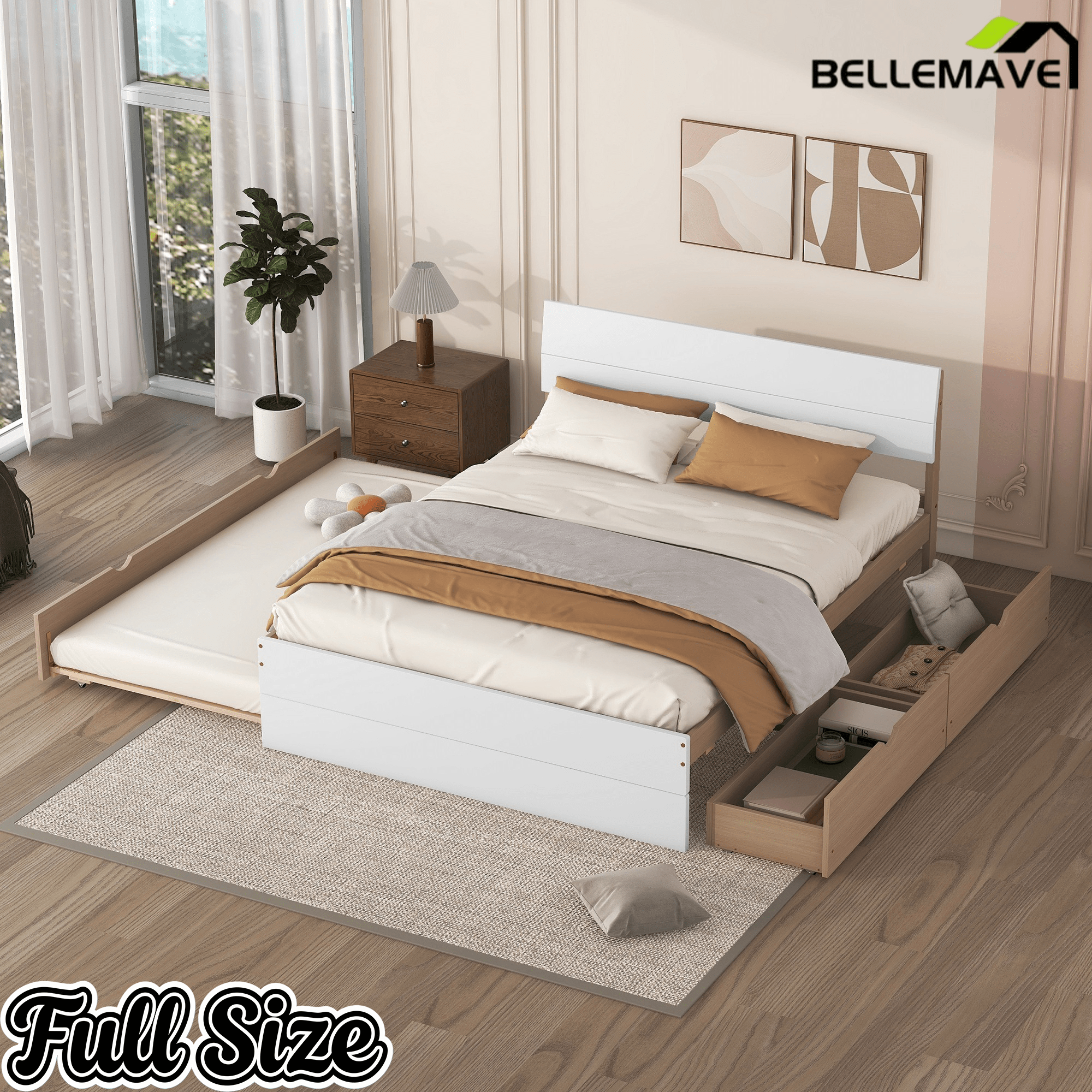 Bellemave® Modern Full Bed Frame with Twin Trundle & 2 Storage Drawers, Platform Bed with High Gloss Headboard & Footboard, No Box Spring Needed - Bellemave