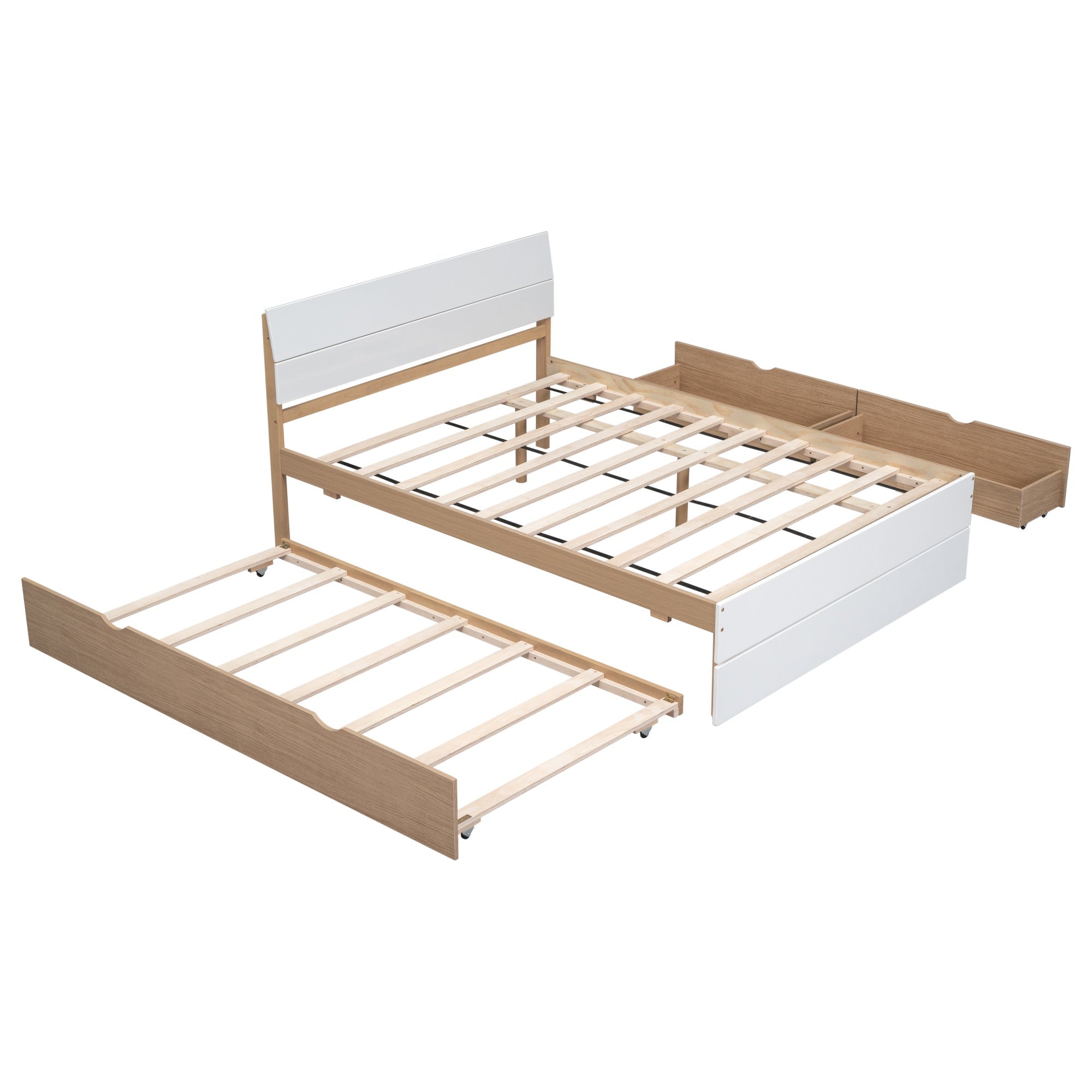 Bellemave® Modern Full Bed Frame with Twin Trundle & 2 Storage Drawers, Platform Bed with High Gloss Headboard & Footboard, No Box Spring Needed - Bellemave