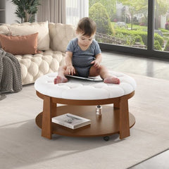 Bellemave® Modern Large Round Ottoman Coffee Table 2 - Tier Oversized Button Tufted Ottoman with Wheels - Bellemave