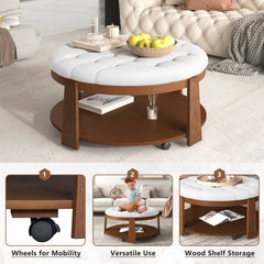 Bellemave® Modern Large Round Ottoman Coffee Table 2 - Tier Oversized Button Tufted Ottoman with Wheels - Bellemave