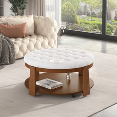 Bellemave® Modern Large Round Ottoman Coffee Table 2 - Tier Oversized Button Tufted Ottoman with Wheels - Bellemave
