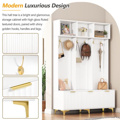 Bellemave® Modern Large Storage Hall Tree with Bench, 6 Gold Hooks and Legs - Bellemave