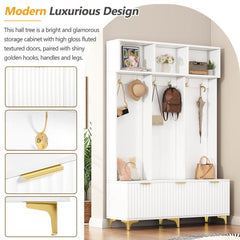 Bellemave® Modern Large Storage Hall Tree with Bench, 6 Gold Hooks and Legs - Bellemave