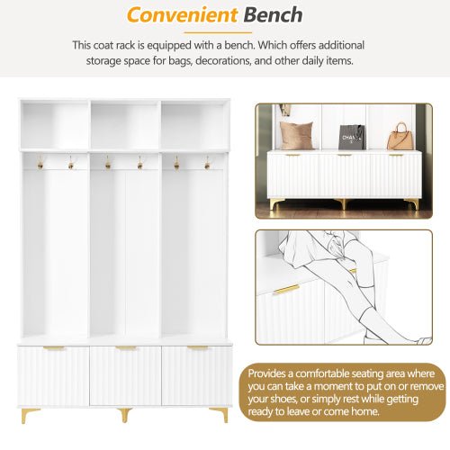 Bellemave® Modern Large Storage Hall Tree with Bench, 6 Gold Hooks and Legs - Bellemave