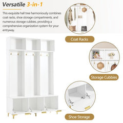 Bellemave® Modern Large Storage Hall Tree with Bench, 6 Gold Hooks and Legs - Bellemave