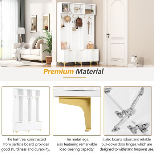 Bellemave® Modern Large Storage Hall Tree with Bench, 6 Gold Hooks and Legs - Bellemave