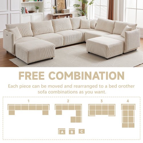 Bellemave® Modern Minimalist Corduroy Combination Sofa with 2 Comfort Cushions with USB & C Charging Ports - Bellemave