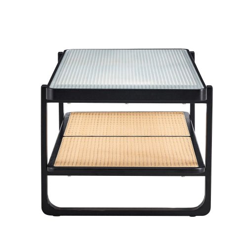 Bellemave® Modern Minimalist Rectangular Double Layer Black Solid Wood Imitation Rattan Coffee Table with Craft Glass Table Top - Bellemave