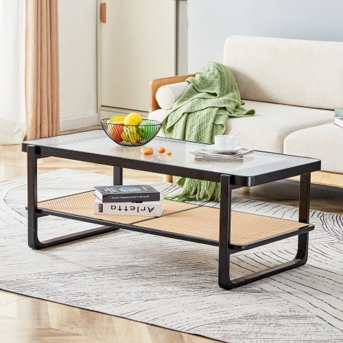 Bellemave® Modern Minimalist Rectangular Double Layer Black Solid Wood Imitation Rattan Coffee Table with Craft Glass Table Top - Bellemave