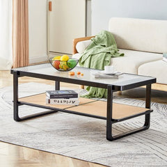 Bellemave® Modern Minimalist Rectangular Double Layer Black Solid Wood Imitation Rattan Coffee Table with Craft Glass Table Top - Bellemave