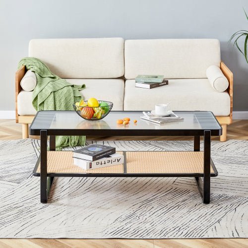 Bellemave® Modern Minimalist Rectangular Double Layer Black Solid Wood Imitation Rattan Coffee Table with Craft Glass Table Top - Bellemave