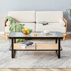 Bellemave® Modern Minimalist Rectangular Double Layer Black Solid Wood Imitation Rattan Coffee Table with Craft Glass Table Top - Bellemave