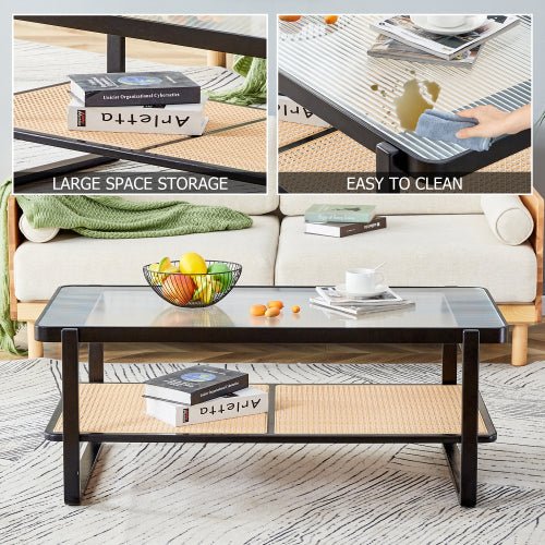 Bellemave® Modern Minimalist Rectangular Double Layer Black Solid Wood Imitation Rattan Coffee Table with Craft Glass Table Top - Bellemave