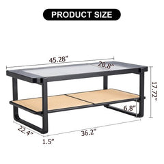 Bellemave® Modern Minimalist Rectangular Double Layer Black Solid Wood Imitation Rattan Coffee Table with Craft Glass Table Top - Bellemave