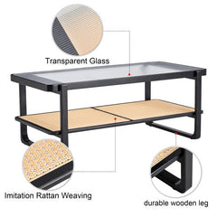 Bellemave® Modern Minimalist Rectangular Double Layer Black Solid Wood Imitation Rattan Coffee Table with Craft Glass Table Top - Bellemave