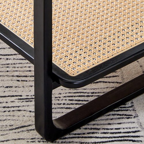 Bellemave® Modern Minimalist Rectangular Double Layer Black Solid Wood Imitation Rattan Coffee Table with Craft Glass Table Top - Bellemave