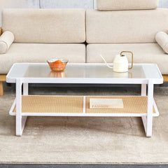 Bellemave® Modern Minimalist Rectangular Double Layer Black Solid Wood Imitation Rattan Coffee Table with Craft Glass Table Top - Bellemave