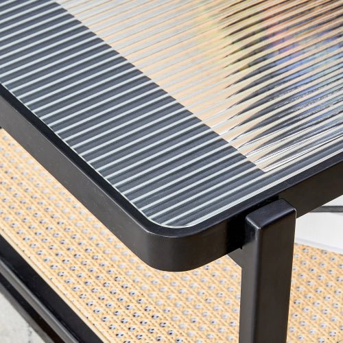 Bellemave® Modern Minimalist Rectangular Double Layer Black Solid Wood Imitation Rattan Coffee Table with Craft Glass Table Top - Bellemave