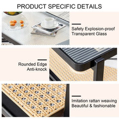 Bellemave® Modern Minimalist Rectangular Double Layer Black Solid Wood Imitation Rattan Coffee Table with Craft Glass Table Top - Bellemave