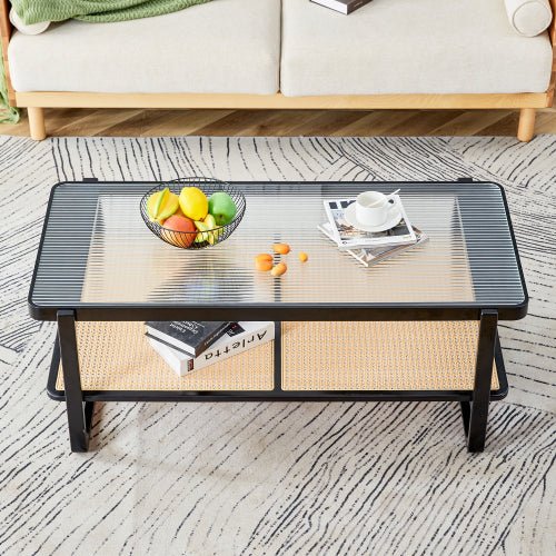 Bellemave® Modern Minimalist Rectangular Double Layer Black Solid Wood Imitation Rattan Coffee Table with Craft Glass Table Top - Bellemave