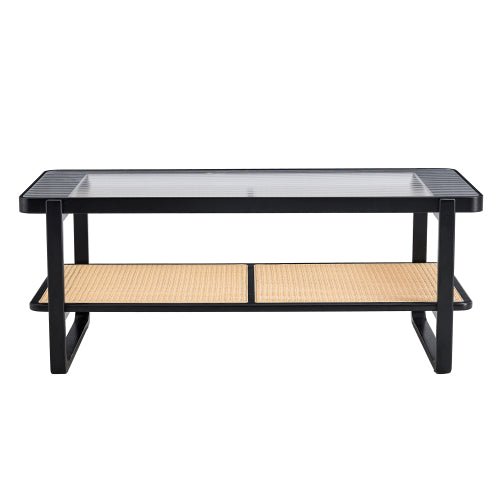 Bellemave® Modern Minimalist Rectangular Double Layer Black Solid Wood Imitation Rattan Coffee Table with Craft Glass Table Top - Bellemave