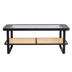 Bellemave® Modern Minimalist Rectangular Double Layer Black Solid Wood Imitation Rattan Coffee Table with Craft Glass Table Top - Bellemave