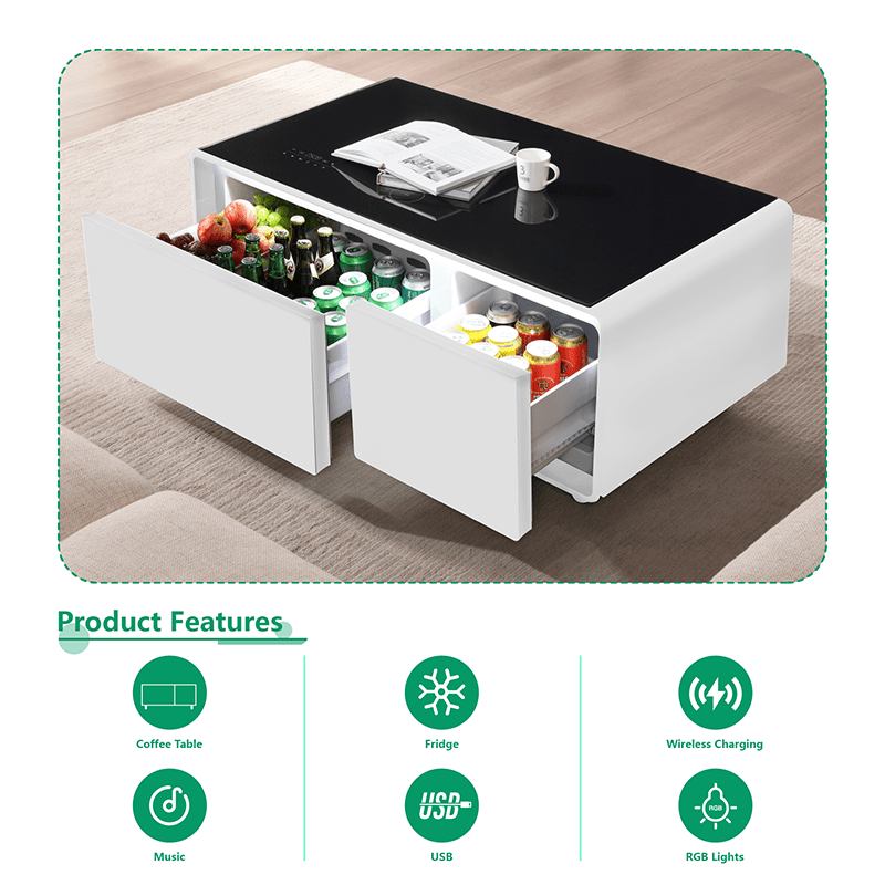 Bellemave® Modern Smart Coffee Table with Built - in Fridge, Bluetooth Speaker, Wireless Charging, Touch Control Panel, USB Ports, Outlet Protection, Atmosphere Light - Bellemave