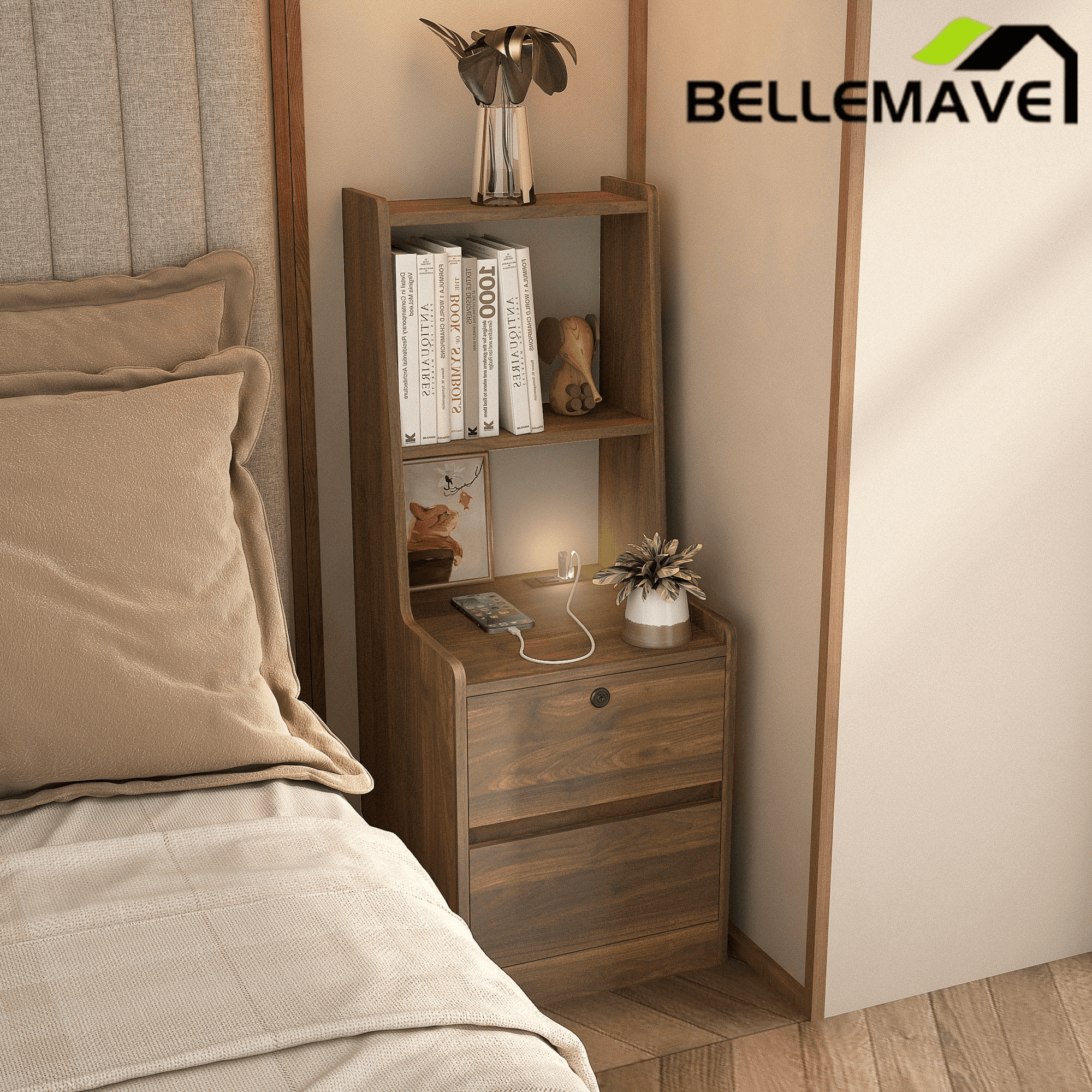 Bellemave® Modern Smart Nightstand with Night Light & Charging Station, Night Stand with Bookshelf, Lockable Bedside Cabinet Tables with 2 Storage Drawers for Bedroom Home Office - Bellemave