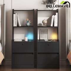 Bellemave® Modern Smart Nightstand with Night Light & Charging Station, Night Stand with Bookshelf, Lockable Bedside Cabinet Tables with 2 Storage Drawers for Bedroom Home Office - Bellemave