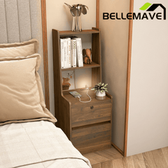 Bellemave® Modern Smart Nightstand with Night Light & Charging Station, Night Stand with Bookshelf, Lockable Bedside Cabinet Tables with 2 Storage Drawers for Bedroom Home Office - Bellemave