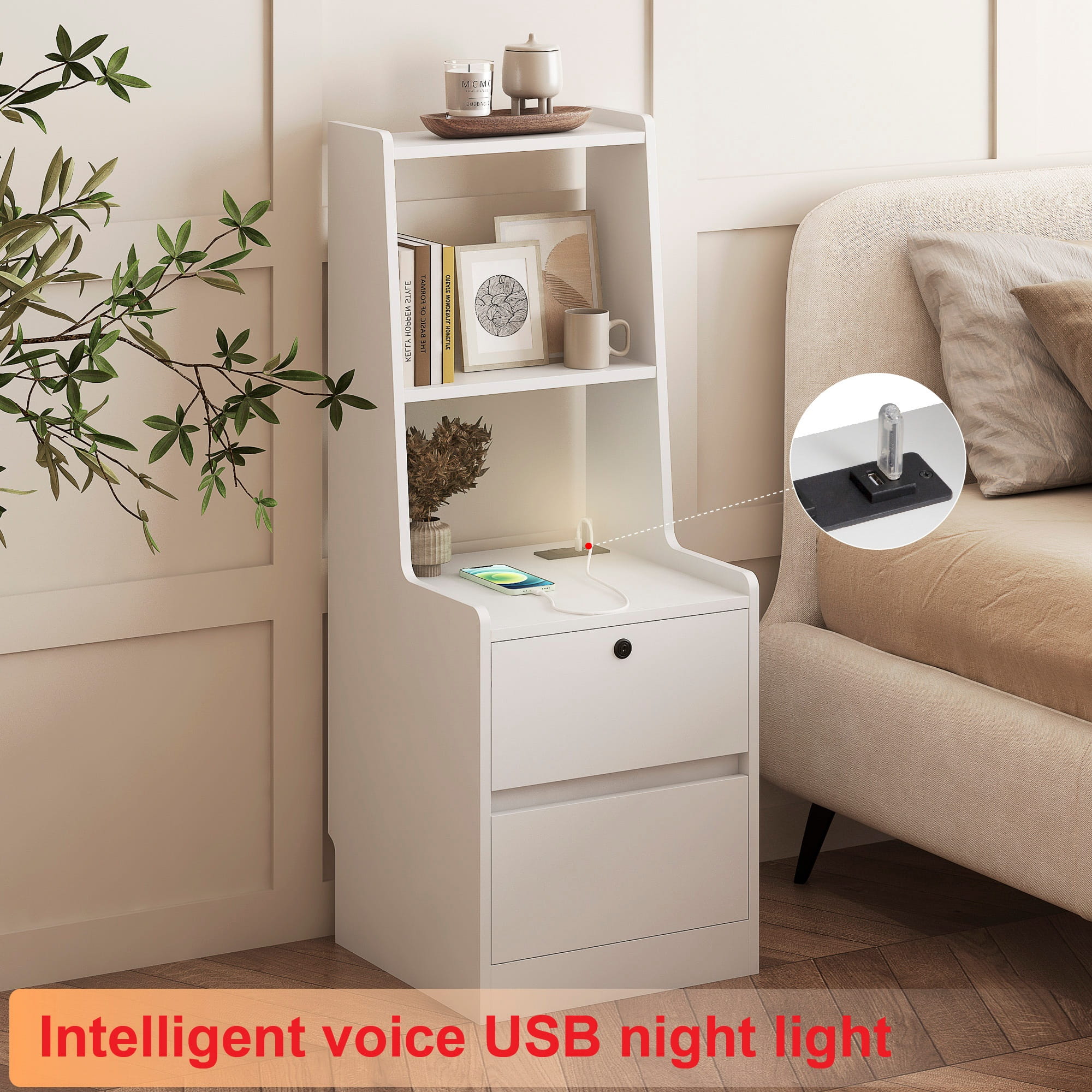 Bellemave® Modern Smart Nightstand with Night Light & Charging Station, Night Stand with Bookshelf, Lockable Bedside Cabinet Tables with 2 Storage Drawers for Bedroom Home Office - Bellemave