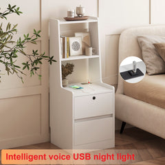 Bellemave® Modern Smart Nightstand with Night Light & Charging Station, Night Stand with Bookshelf, Lockable Bedside Cabinet Tables with 2 Storage Drawers for Bedroom Home Office - Bellemave