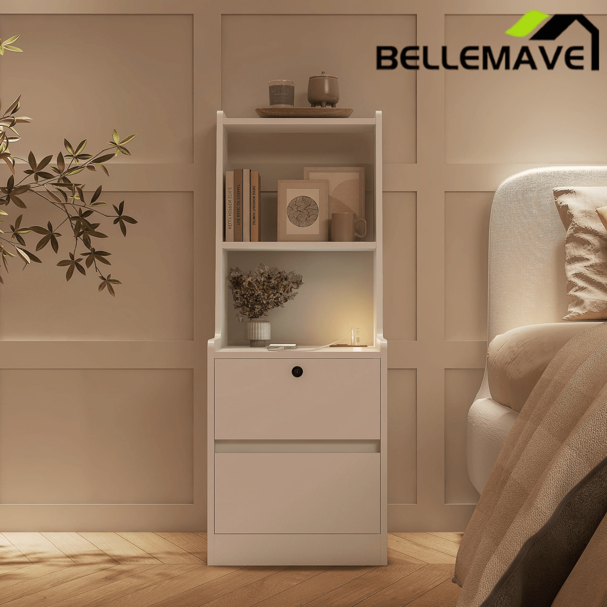 Bellemave® Modern Smart Nightstand with Night Light & Charging Station, Night Stand with Bookshelf, Lockable Bedside Cabinet Tables with 2 Storage Drawers for Bedroom Home Office - Bellemave