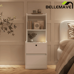 Bellemave® Modern Smart Nightstand with Night Light & Charging Station, Night Stand with Bookshelf, Lockable Bedside Cabinet Tables with 2 Storage Drawers for Bedroom Home Office - Bellemave