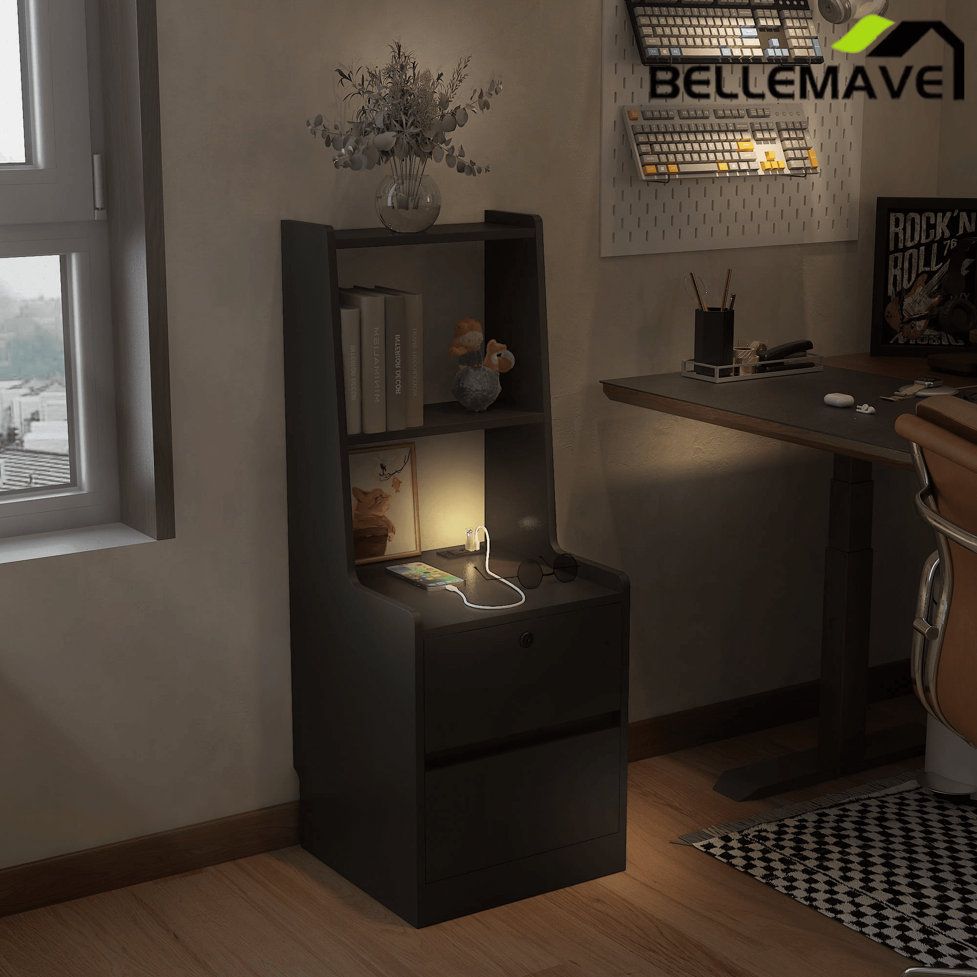 Bellemave® Modern Smart Nightstand with Night Light & Charging Station, Night Stand with Bookshelf, Lockable Bedside Cabinet Tables with 2 Storage Drawers for Bedroom Home Office - Bellemave