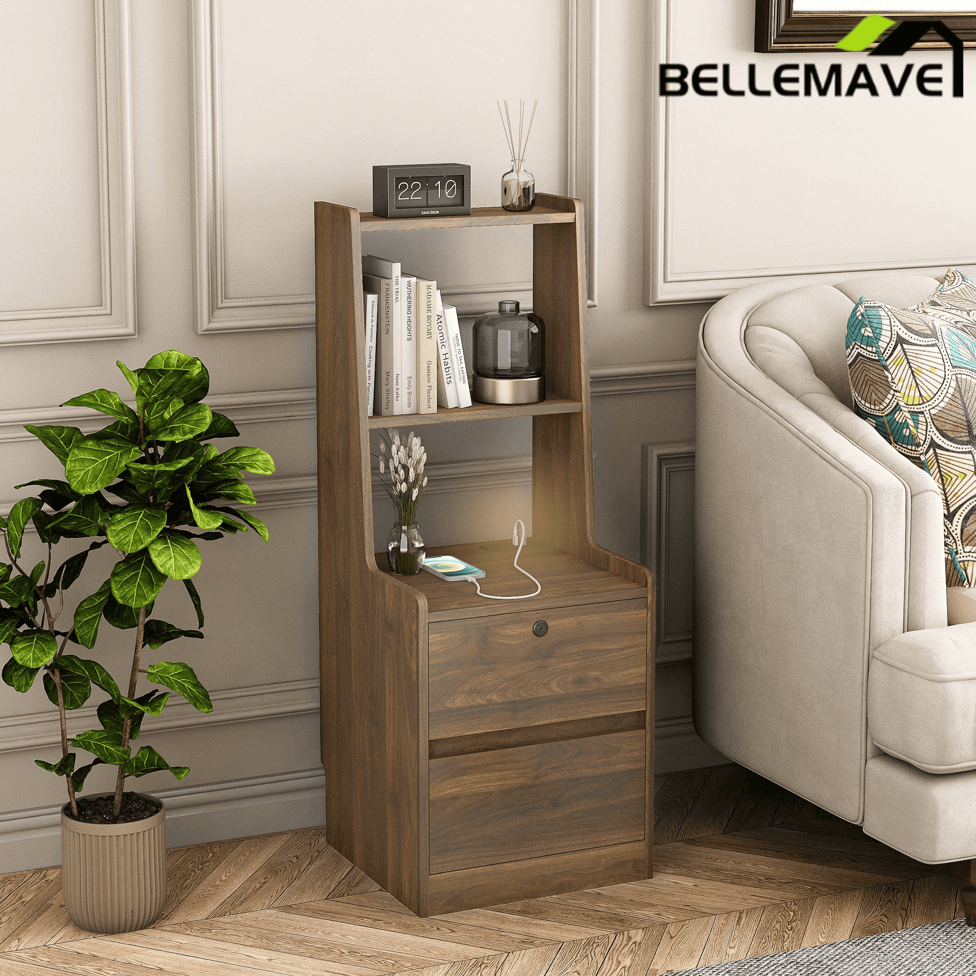 Bellemave® Modern Smart Nightstand with Night Light & Charging Station, Night Stand with Bookshelf, Lockable Bedside Cabinet Tables with 2 Storage Drawers for Bedroom Home Office - Bellemave