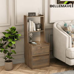 Bellemave® Modern Smart Nightstand with Night Light & Charging Station, Night Stand with Bookshelf, Lockable Bedside Cabinet Tables with 2 Storage Drawers for Bedroom Home Office - Bellemave