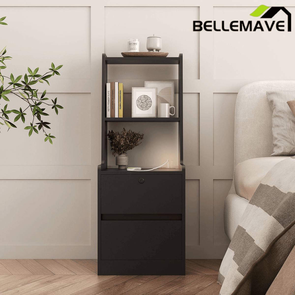 Bellemave® Modern Smart Nightstand with Night Light & Charging Station, Night Stand with Bookshelf, Lockable Bedside Cabinet Tables with 2 Storage Drawers for Bedroom Home Office - Bellemave