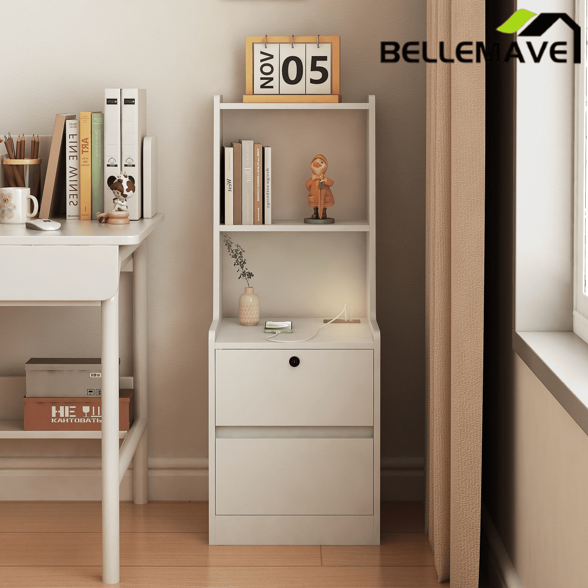 Bellemave® Modern Smart Nightstand with Night Light & Charging Station, Night Stand with Bookshelf, Lockable Bedside Cabinet Tables with 2 Storage Drawers for Bedroom Home Office - Bellemave