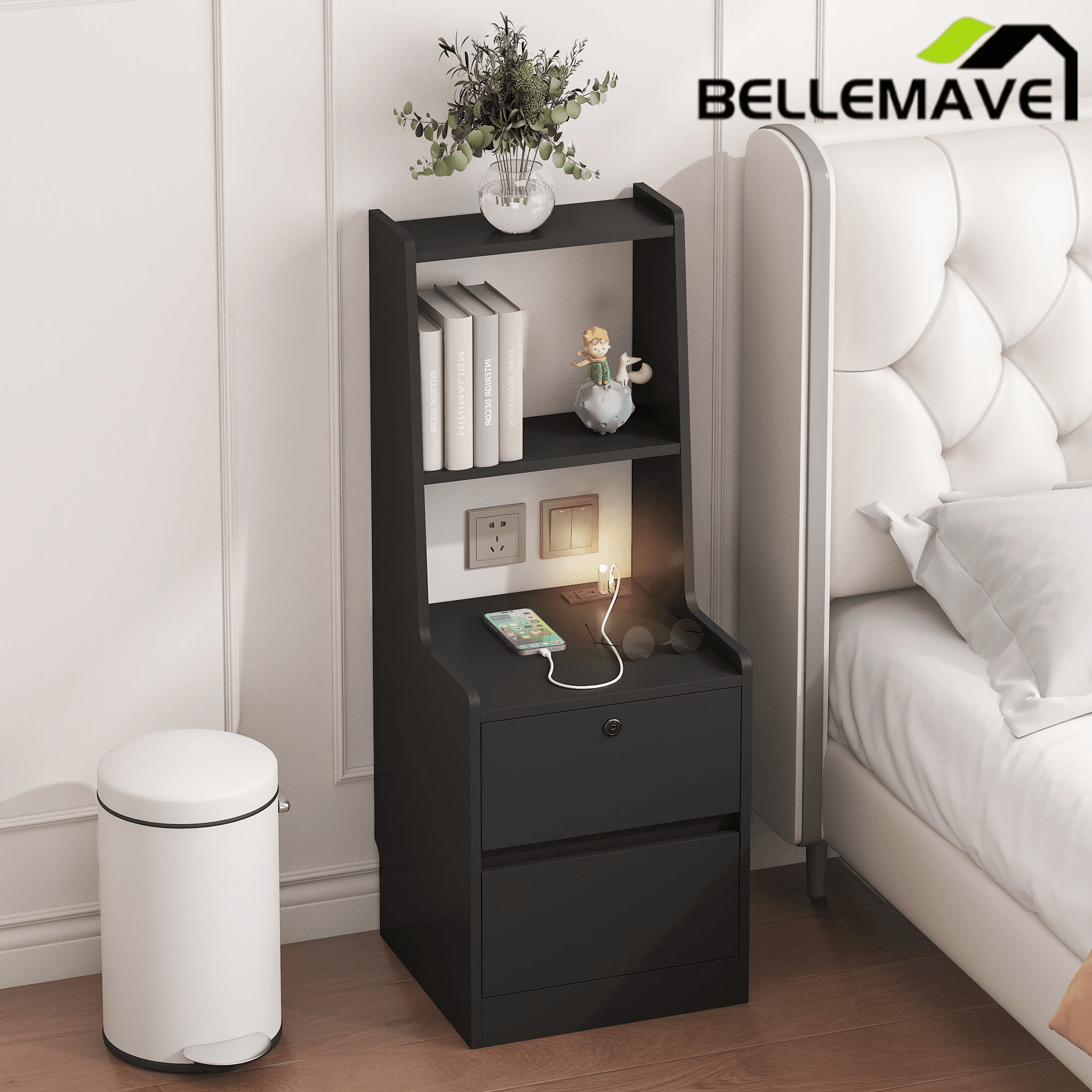 Bellemave® Modern Smart Nightstand with Night Light & Charging Station, Night Stand with Bookshelf, Lockable Bedside Cabinet Tables with 2 Storage Drawers for Bedroom Home Office - Bellemave